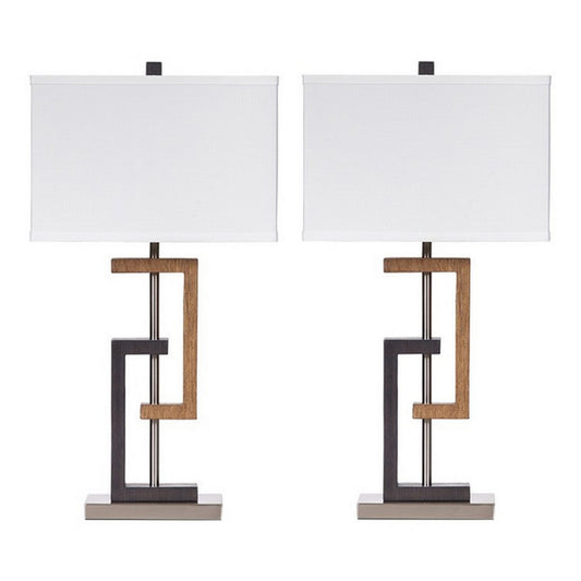 Lattice Base Hardback Table Lamp Set of 2 Brown and Silver
