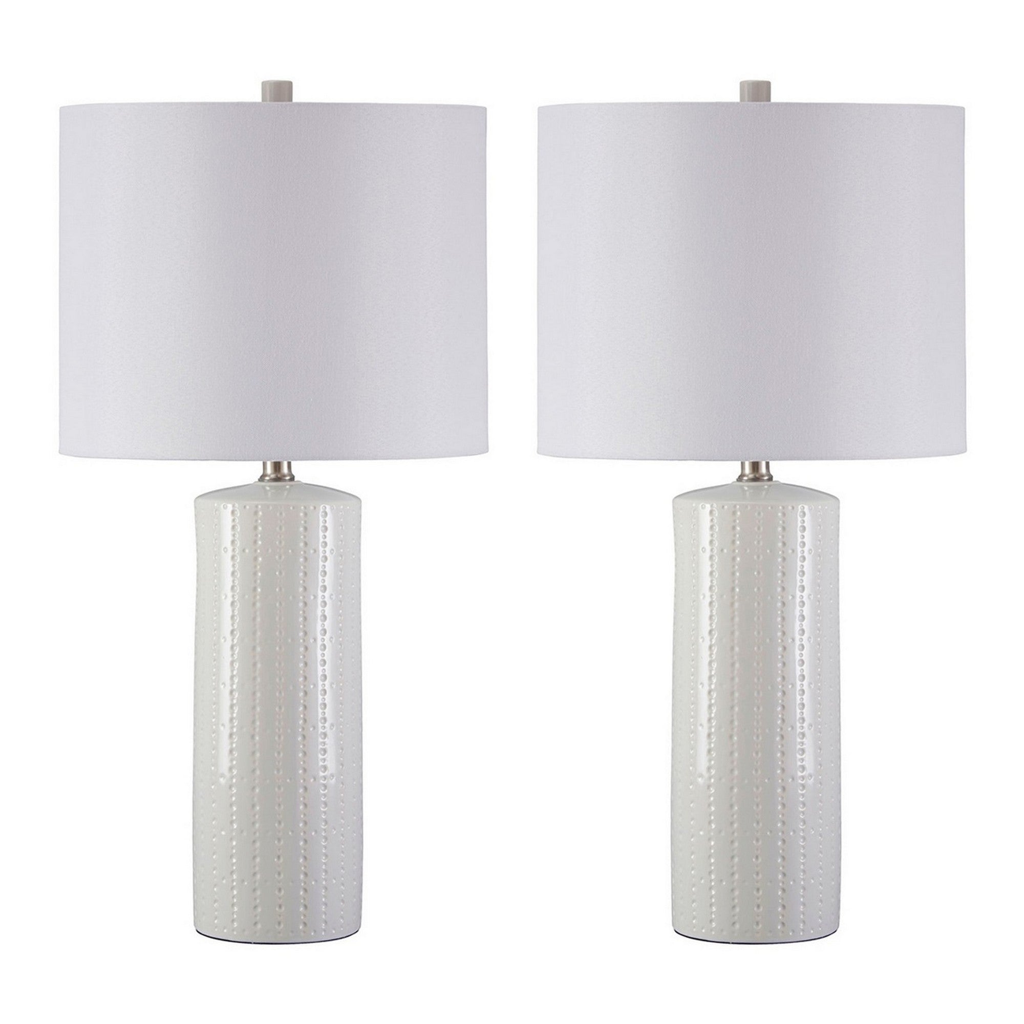 Carved Ceramic Base Table Lamp with Drum Shade Set of 2 White-zoom-1