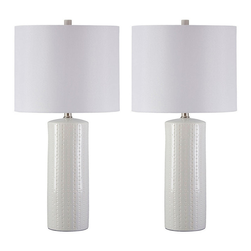 Carved Ceramic Base Table Lamp with Drum Shade Set of 2 White-zoom-