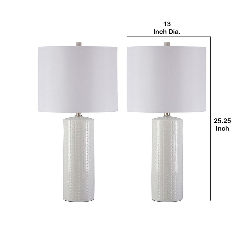 Carved Ceramic Base Table Lamp with Drum Shade Set of 2 White-zoom-