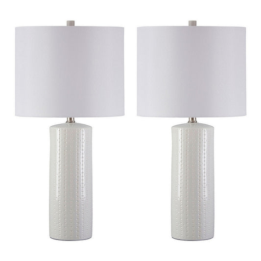 Carved Ceramic Base Table Lamp with Drum Shade Set of 2 White