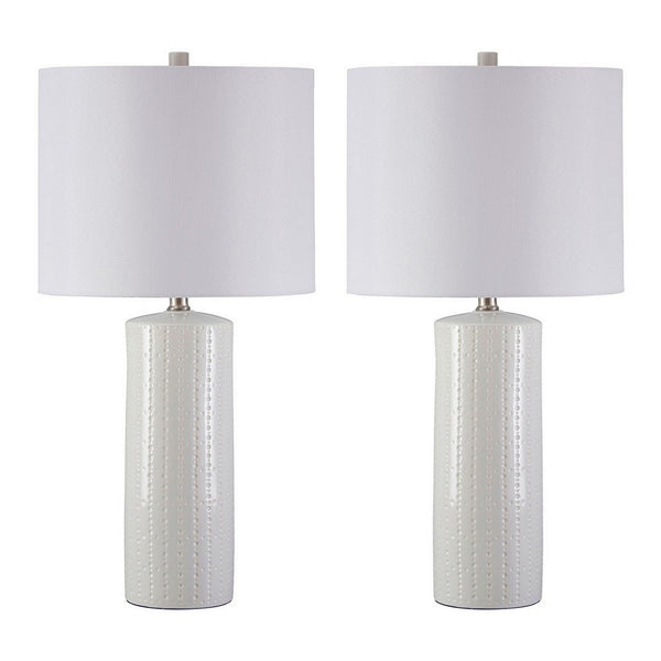 Carved Ceramic Base Table Lamp with Drum Shade Set of 2 White