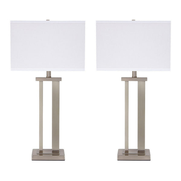 Metal Frame Table Lamp with Hardback Shade Set of 2 White and Silver