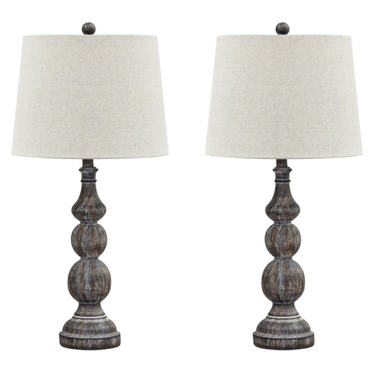 Polyresin Table Lamp with Turned Base Set of 2 Brown and Off White