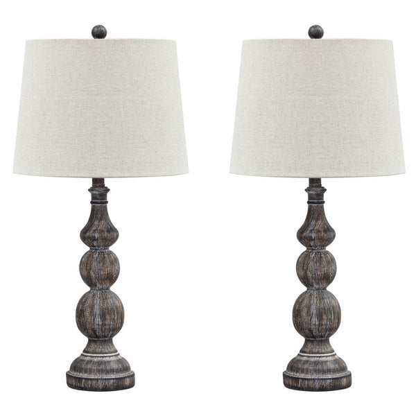 Polyresin Table Lamp with Turned Base Set of 2 Brown and Off White
