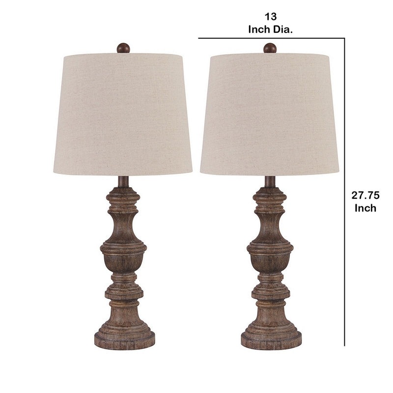 Tapered Fabric Shade Table Lamp with Turned Base Set of 2 Gray and Brown-zoom-