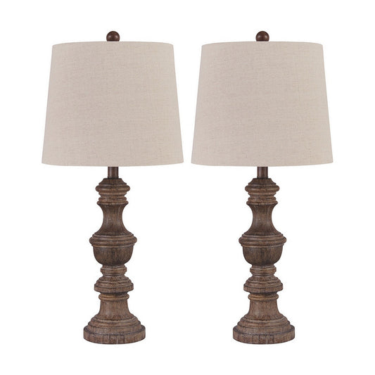 Tapered Fabric Shade Table Lamp with Turned Base Set of 2 Gray and Brown