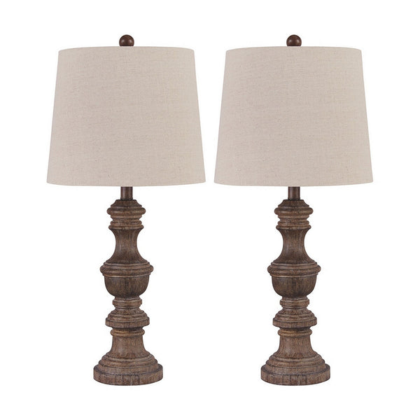 Tapered Fabric Shade Table Lamp with Turned Base Set of 2 Gray and Brown
