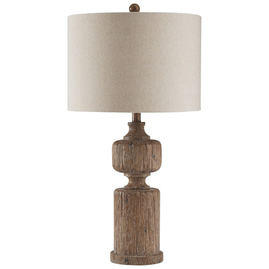 Polyresin Table Lamp with Turned Base and Fabric Shade Brown and Off White