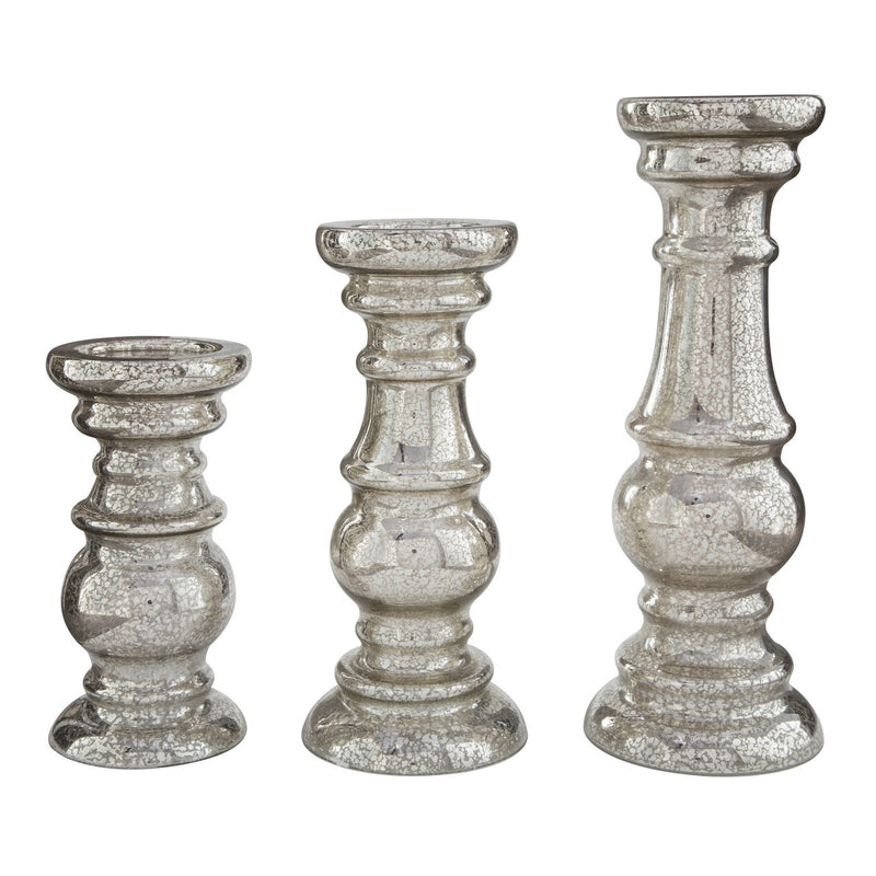 Mercury Glass Candleholder With Pedestal Base Set Of 3 Silver-zoom-