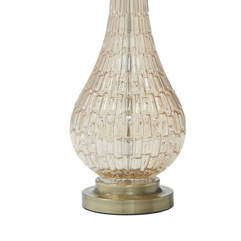 Bellied Glass Table Lamp with Fabric Drum Shade Beige and Clear-zoom-