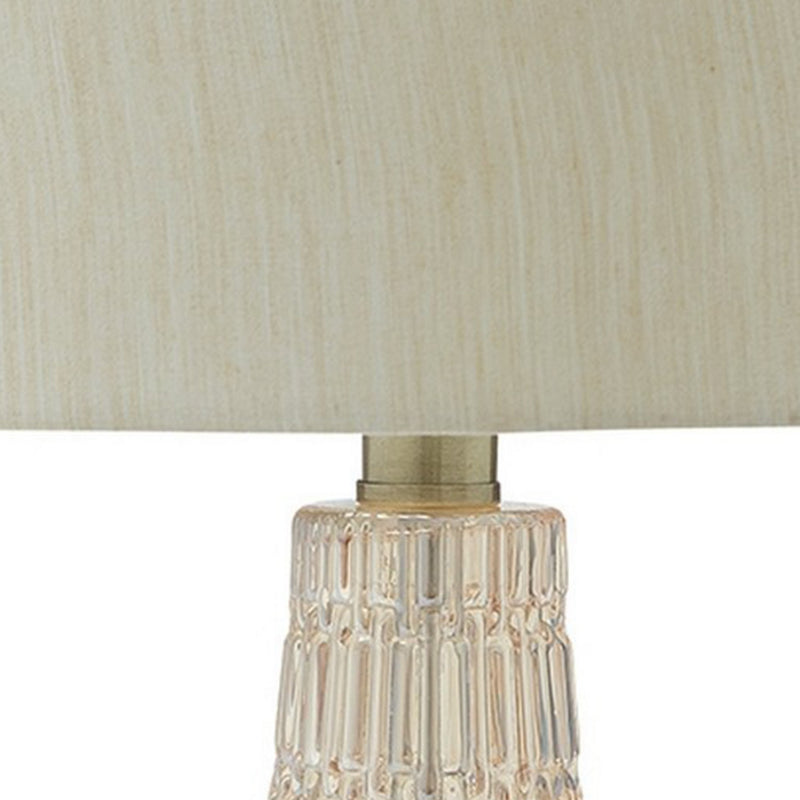 Bellied Glass Table Lamp with Fabric Drum Shade Beige and Clear-zoom-