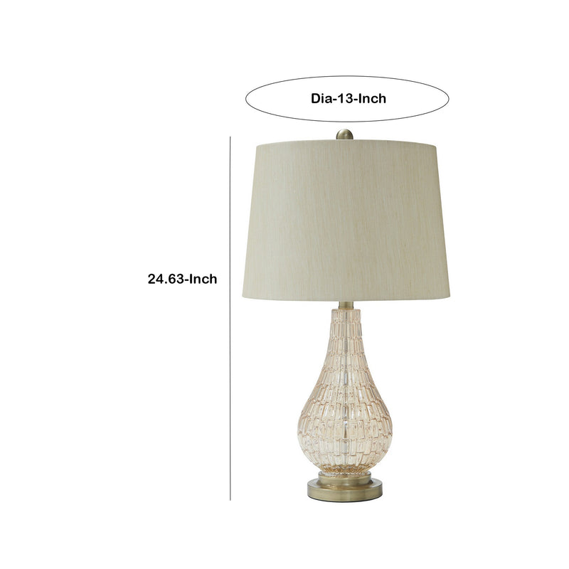 Bellied Glass Table Lamp with Fabric Drum Shade Beige and Clear-zoom-