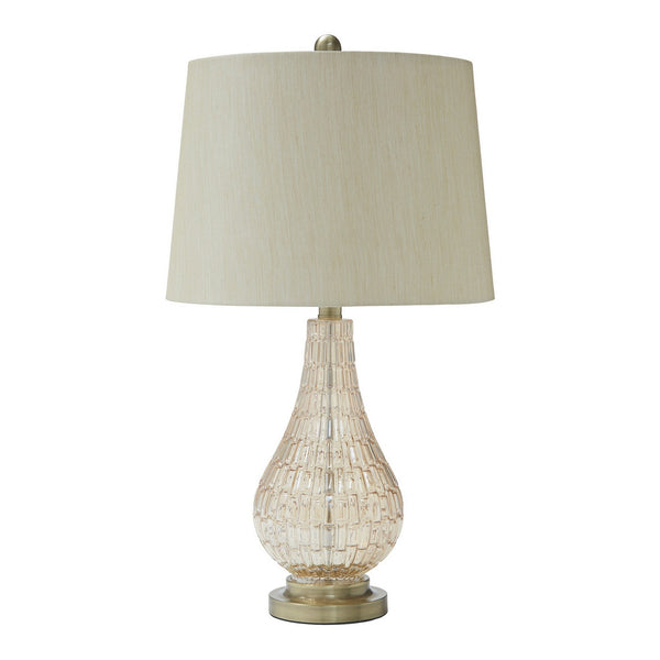 Bellied Glass Table Lamp with Fabric Drum Shade Beige and Clear