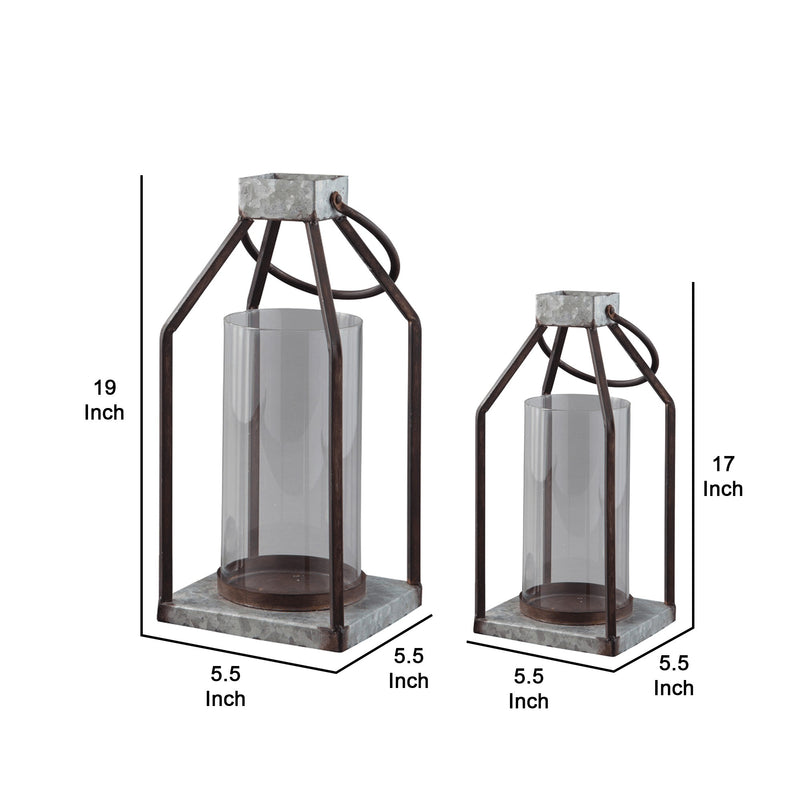 Geometric Lantern With Glass Hurricane Set Of 2 Black And Gray-zoom-