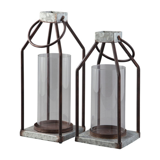 Geometric Lantern With Glass Hurricane Set Of 2 Black And Gray