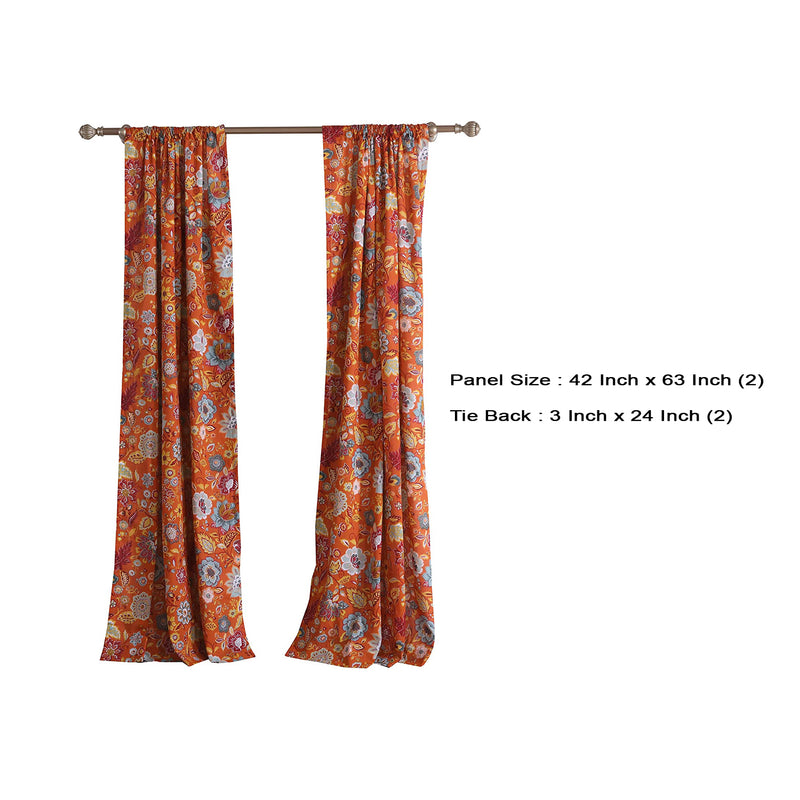 Paris 4 Piece Floral Print Fabric Curtain Panel With Ties Orange-zoom-