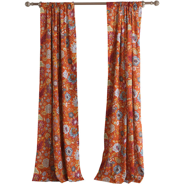 Paris 4 Piece Floral Print Fabric Curtain Panel With Ties Orange