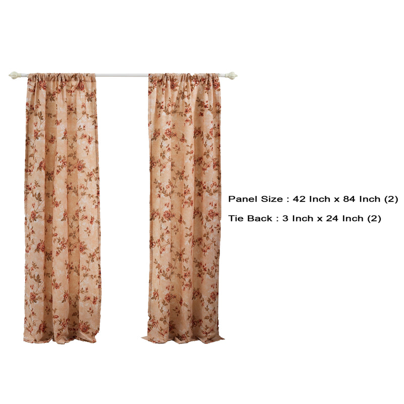 Munich 4 Piece Flower And Petal Print Fabric Curtain Panel With Ties beige-zoom-