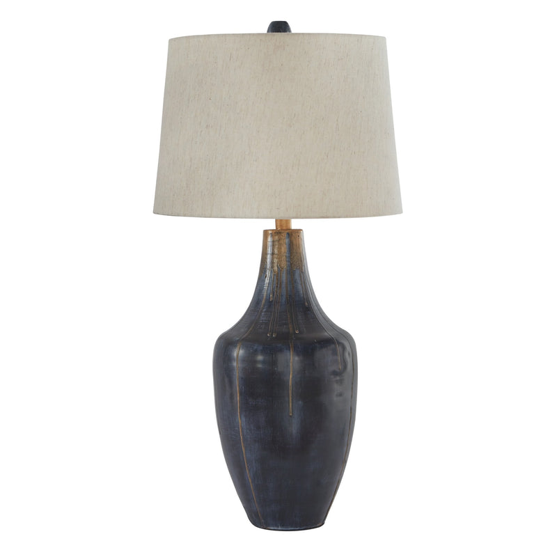 Drum Shade Table Lamp with Metal Curved Design Base Blue-zoom-