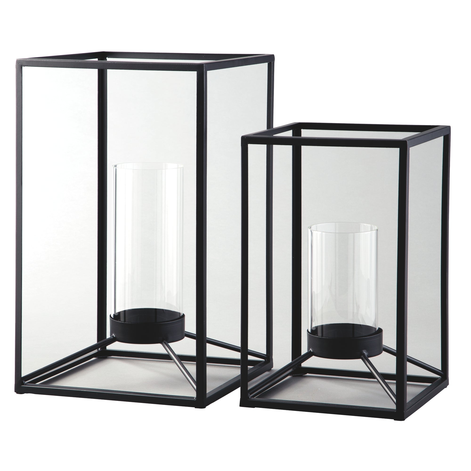 Metal Frame Lantern With Cylindrical Glass Hurricane Set Of 2 Black