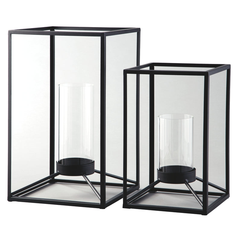Metal Frame Lantern With Cylindrical Glass Hurricane Set Of 2 Black-zoom-