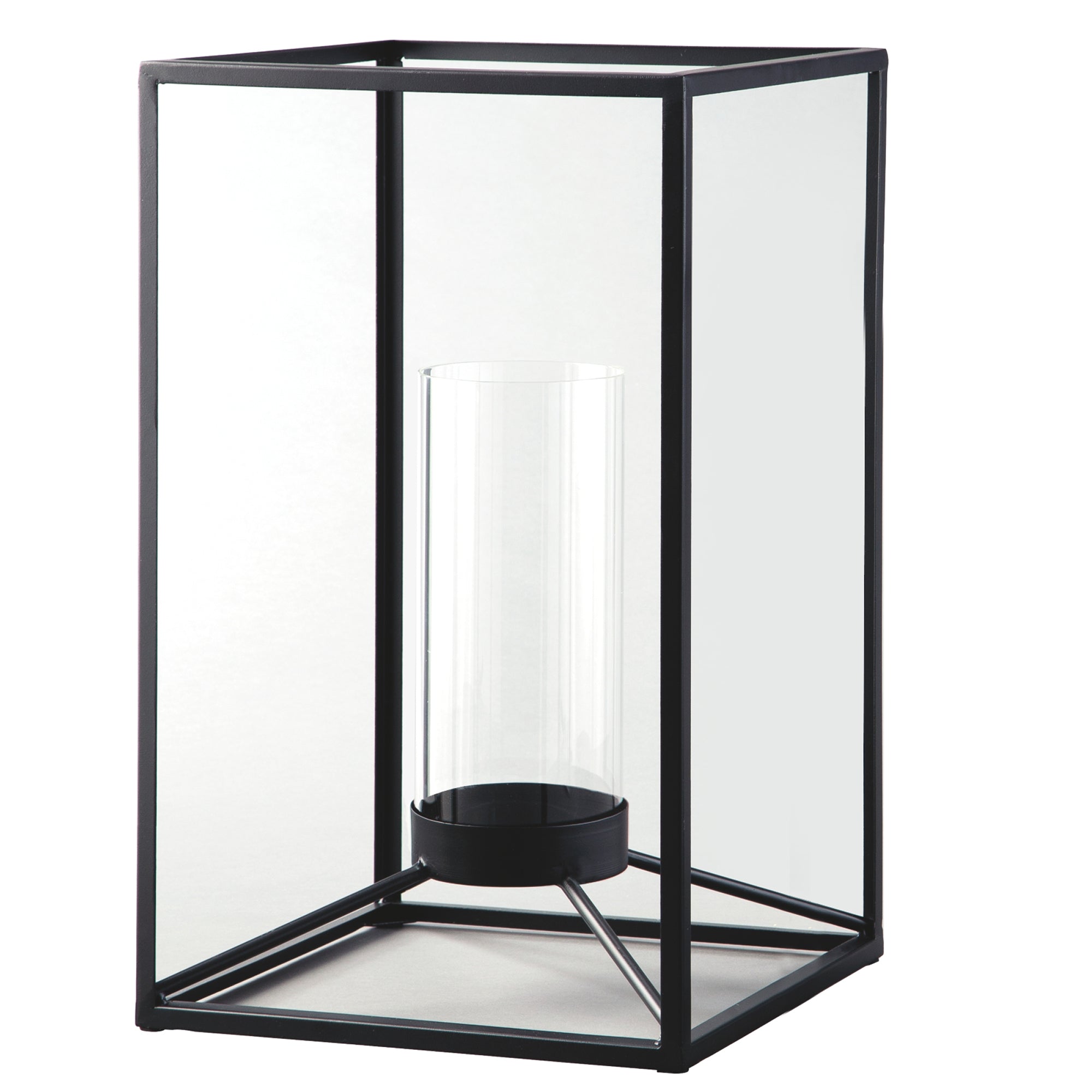 Metal Frame Lantern With Cylindrical Glass Hurricane Set Of 2 Black-zoom-2