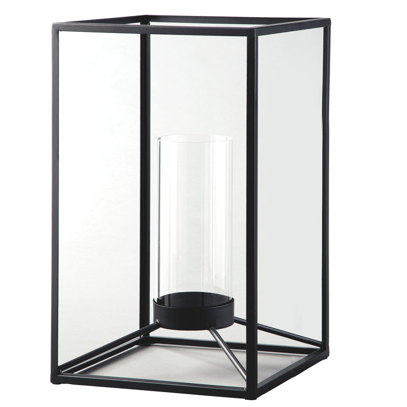 Metal Frame Lantern With Cylindrical Glass Hurricane Set Of 2 Black-zoom-