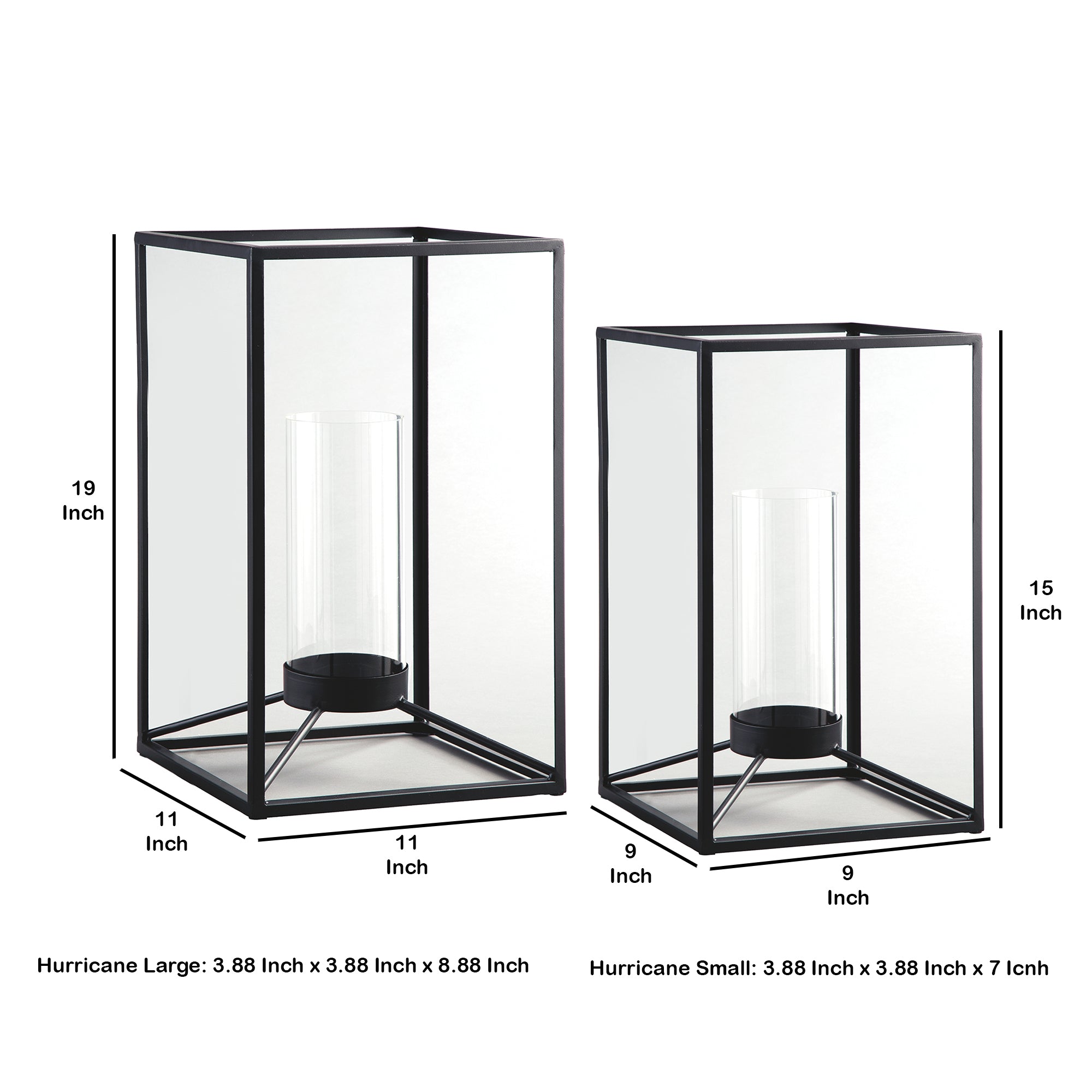 Metal Frame Lantern With Cylindrical Glass Hurricane Set Of 2 Black-zoom-5