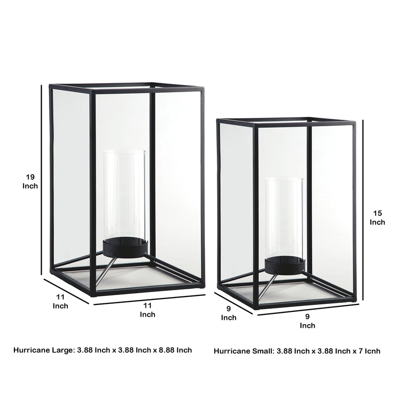 Metal Frame Lantern With Cylindrical Glass Hurricane Set Of 2 Black-zoom-