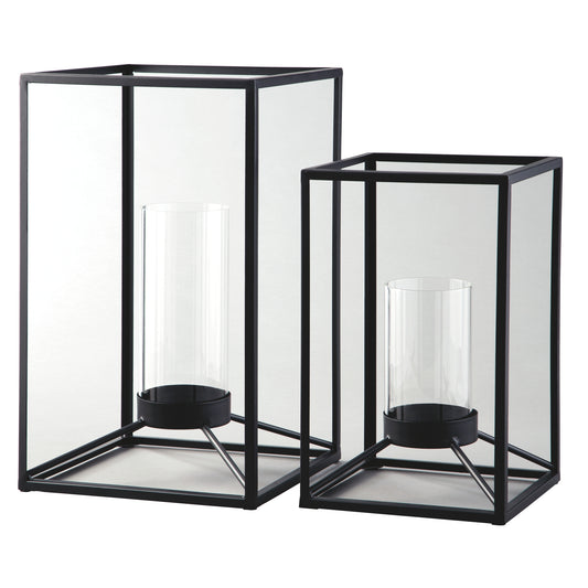 Metal Frame Lantern With Cylindrical Glass Hurricane Set Of 2 Black