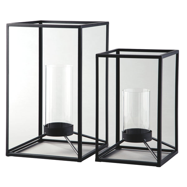 Metal Frame Lantern With Cylindrical Glass Hurricane Set Of 2 Black