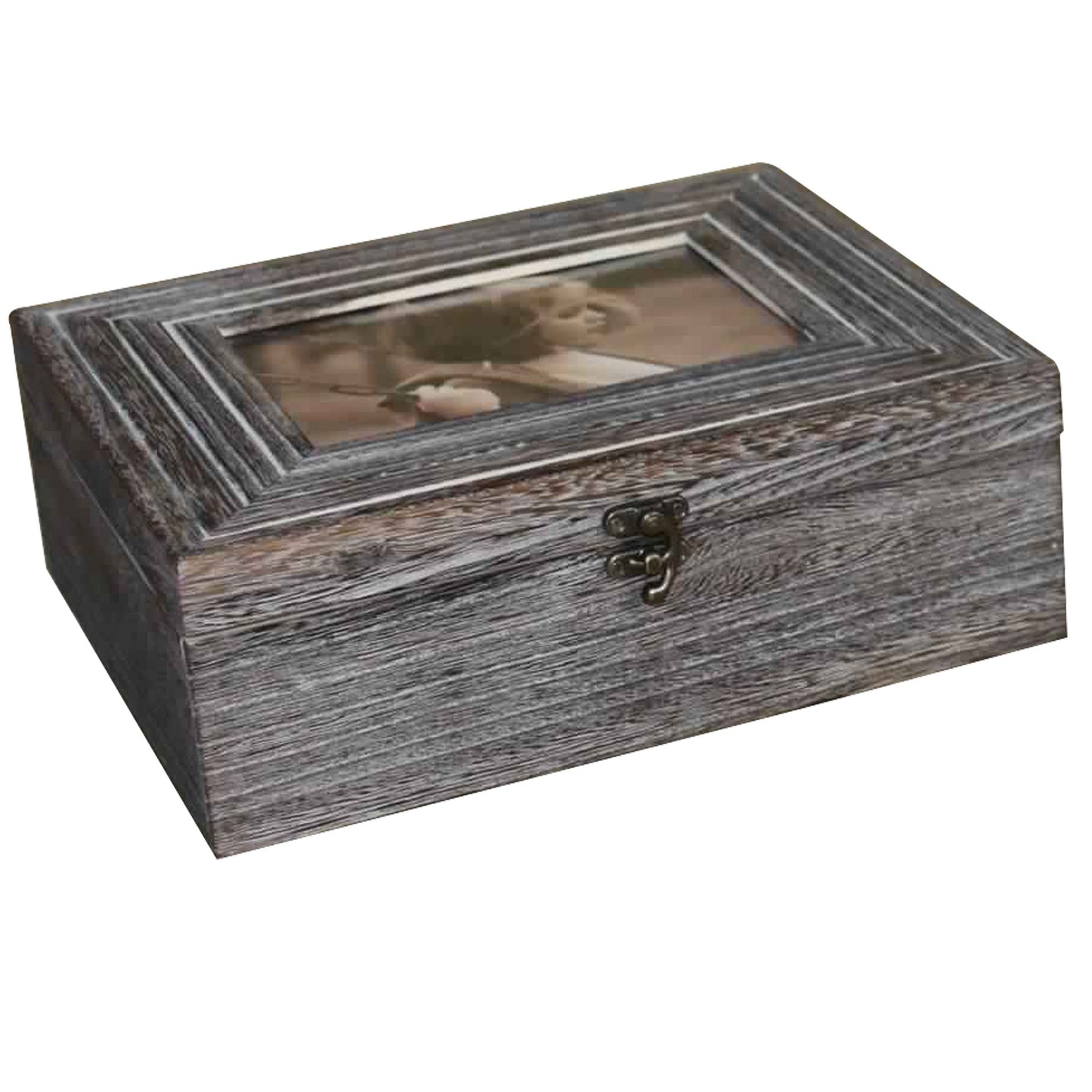 Molded Wooden Storage Box With Photo Frame Lid Set Of 2 Gray