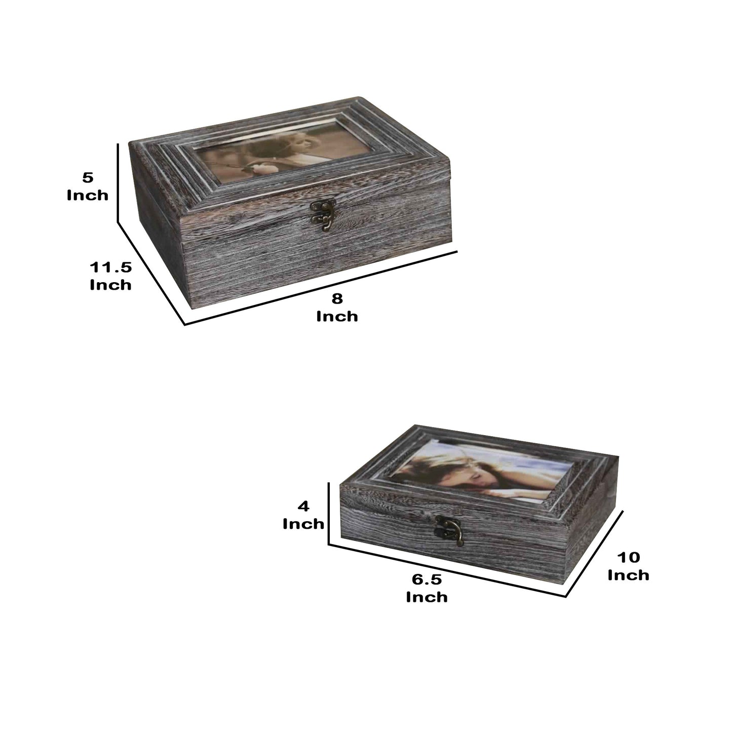 Molded Wooden Storage Box With Photo Frame Lid Set Of 2 Gray