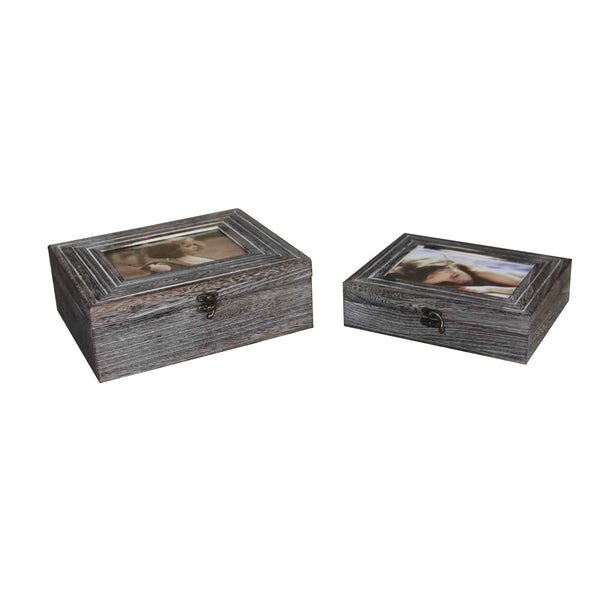 Molded Wooden Storage Box With Photo Frame Lid Set Of 2 Gray