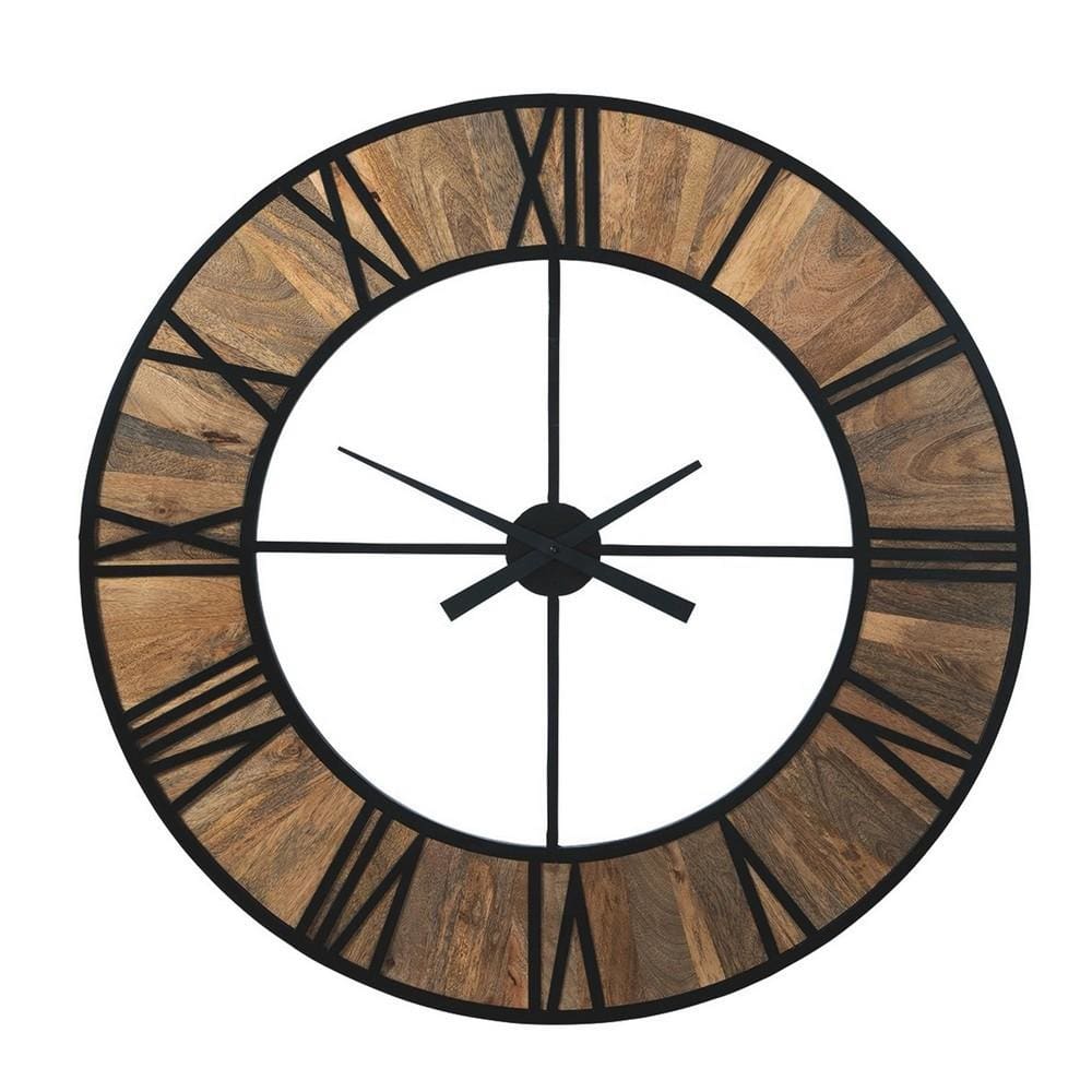 39 Inches Wood And Metal Wall Clock Brown And Black