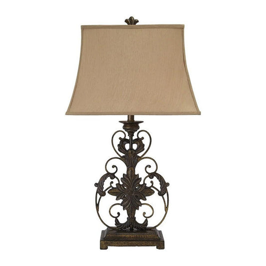 Bell Shape Fabric Shade Table Lamp with Floral Metal Base Beige and Bronze