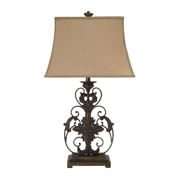 Bell Shape Fabric Shade Table Lamp with Floral Metal Base Beige and Bronze