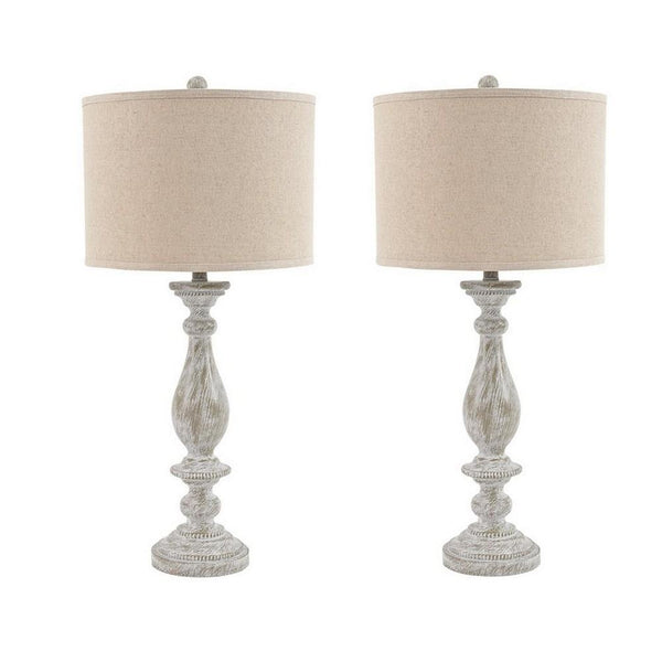 Drum Shade Table Lamp with Pedestal Base Set of 2 Beige and Off White