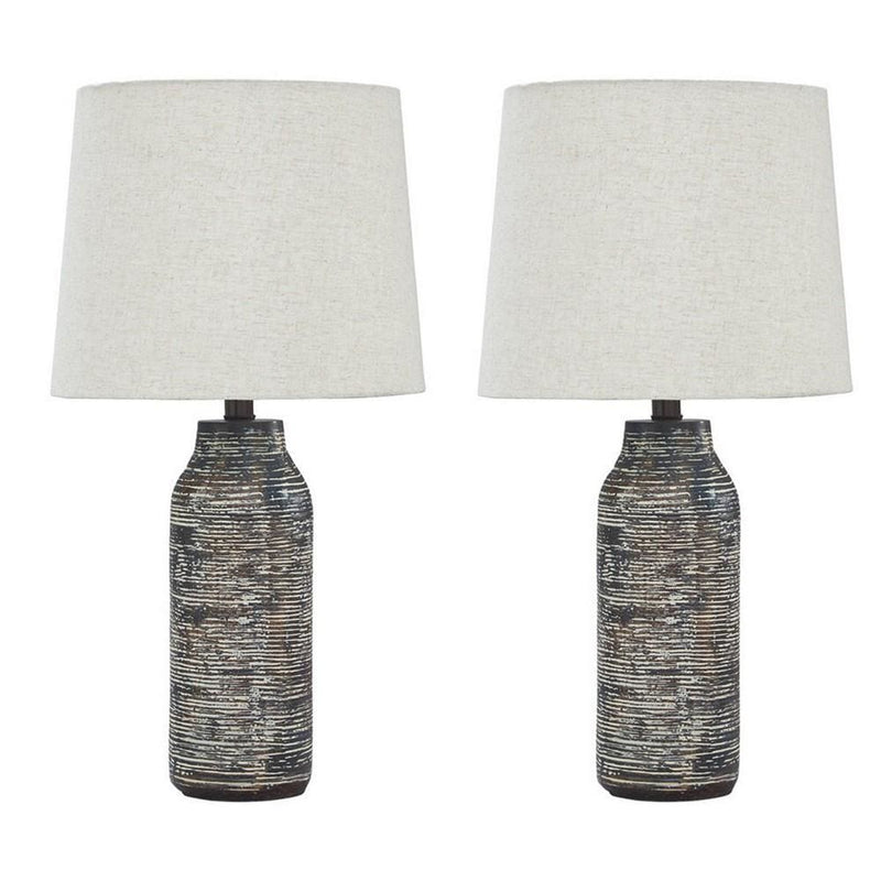Fabric Shade Table Lamp with Textured Base Set of 2 White and Black-zoom-