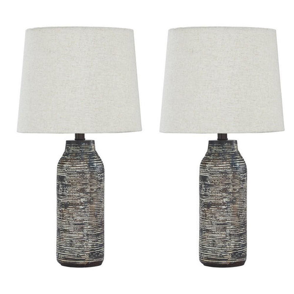 Fabric Shade Table Lamp with Textured Base Set of 2 White and Black