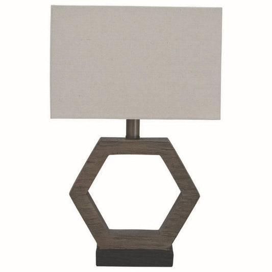 Hexagonal Wooden Base Table Lamp with rectangular Shade Brown and Gray