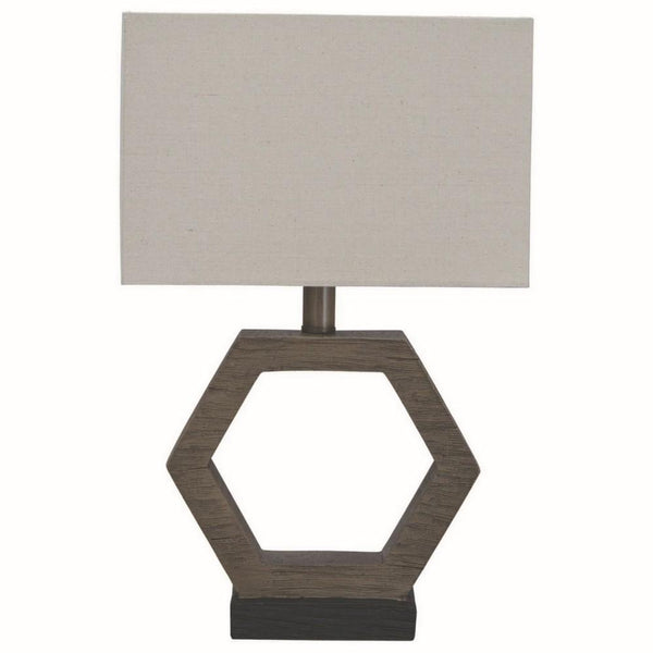Hexagonal Wooden Base Table Lamp with rectangular Shade Brown and Gray