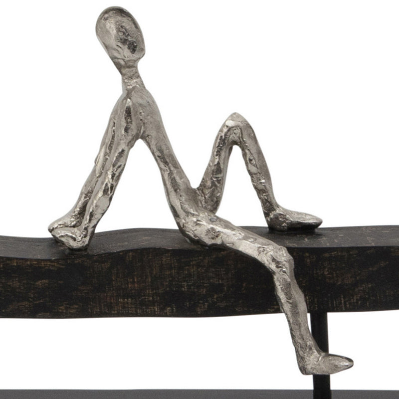 30 Inch 4 Men Hanging Out Accent Decor, Black Wood Silver Accented Metal-zoom-