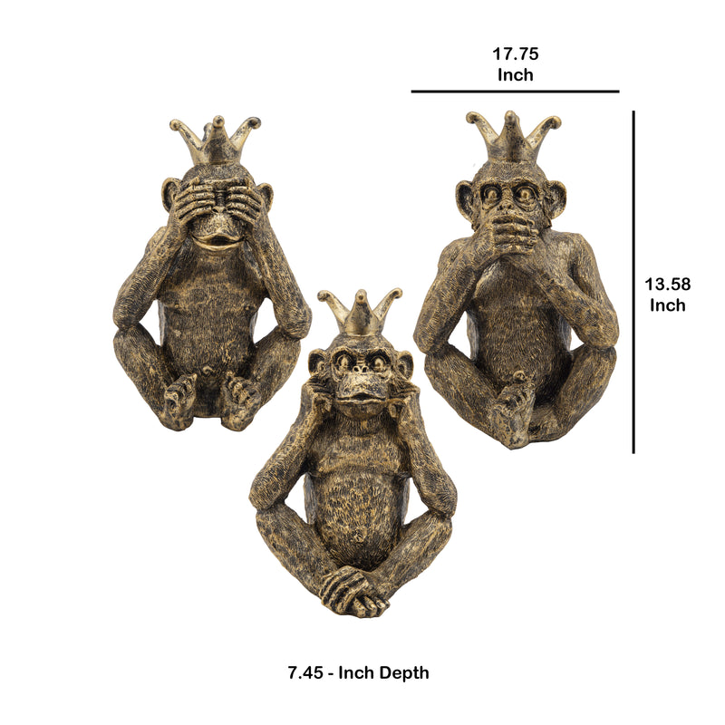 Polyresin Monkey Accent Decor Set Of 3 Gold-zoom-