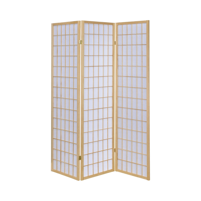 3 Panel Foldable Wooden Frame Room Divider with Grid Design, Brown-zoom-