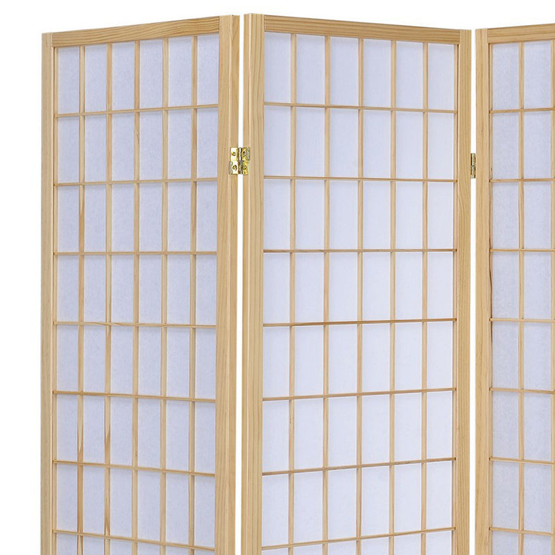 3 Panel Foldable Wooden Frame Room Divider with Grid Design, Brown-zoom-