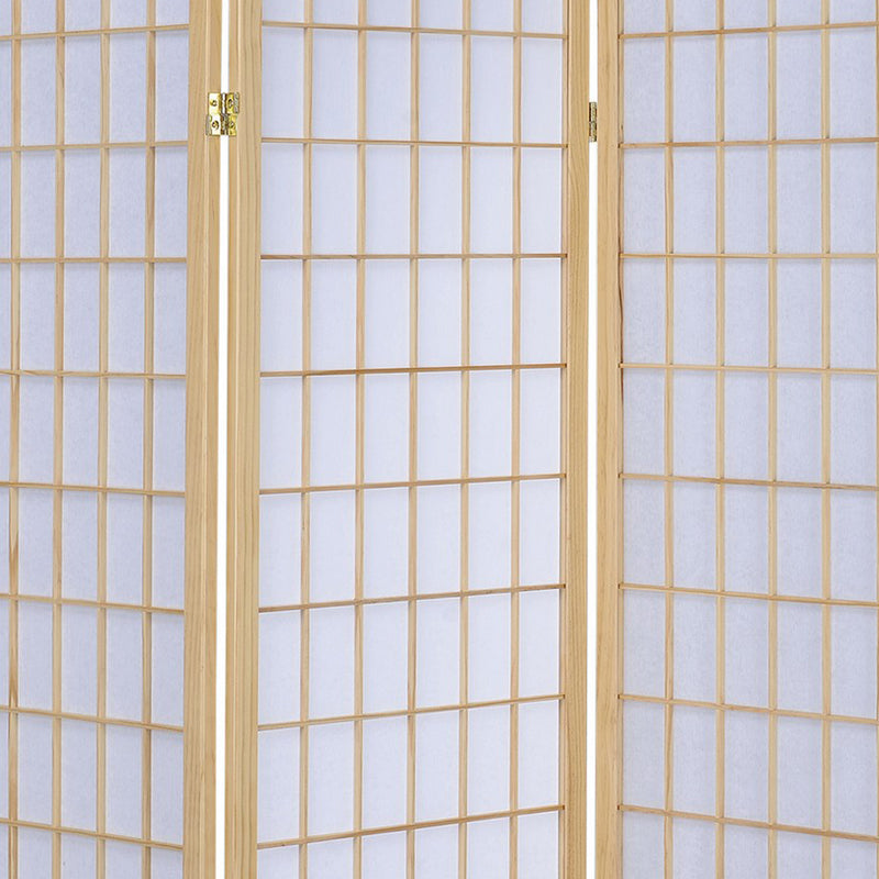 3 Panel Foldable Wooden Frame Room Divider with Grid Design, Brown-zoom-