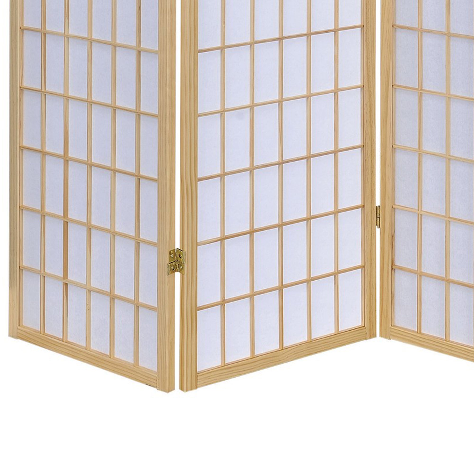 3 Panel Foldable Wooden Frame Room Divider with Grid Design, Brown-zoom-4