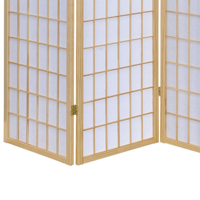 3 Panel Foldable Wooden Frame Room Divider with Grid Design, Brown-zoom-